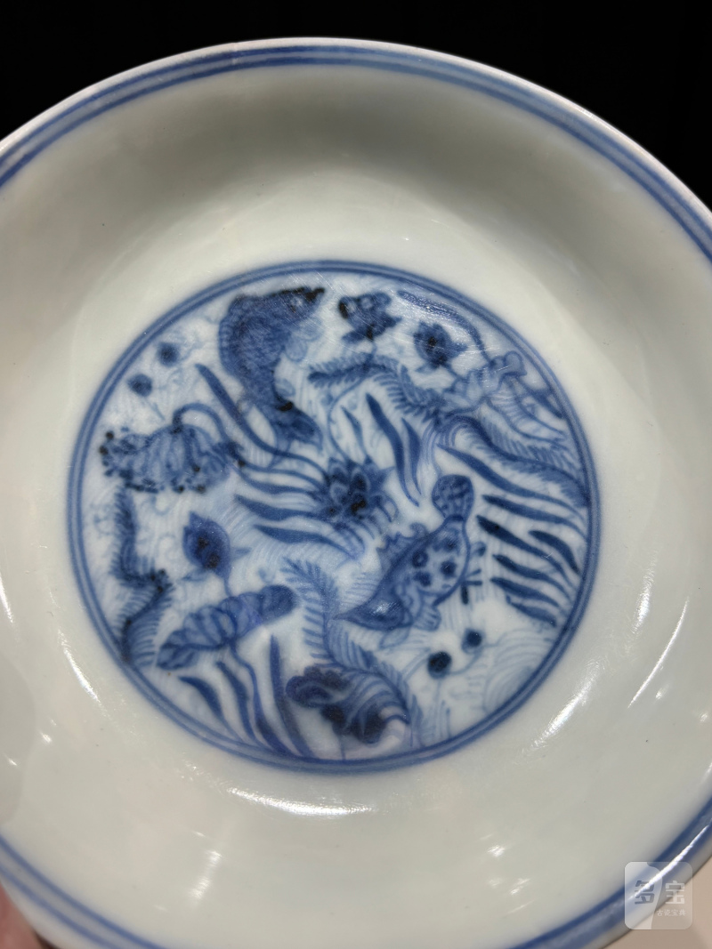 明成化 青花海水鱼藻纹盘 - 图5